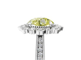 White gold Fancy Yellow Round  Halo Milgrain Pave Diamond Ring with Four-Prong Setting