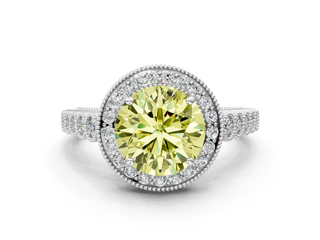 White gold Fancy Yellow Round  Halo Milgrain Solitaire with Bezel Set Side Stones and Pave Band_32