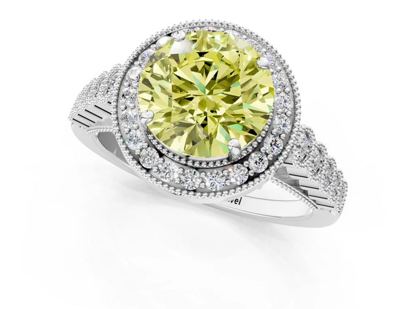 Platinum Round Milgrain Halo Engagement Ring Setting for Fancy Yellow Center with Graduated Band