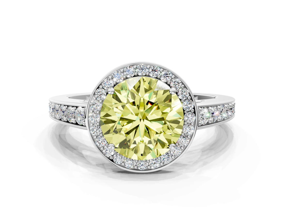White gold Fancy Yellow Round  Halo Pavé Diamond Engagement Ring with Bezel Setting_12