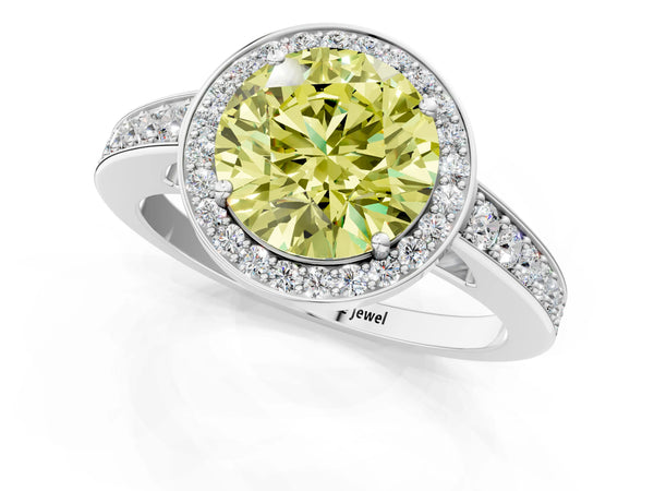 White gold Fancy Yellow Round  Halo Pavé Diamond Engagement Ring with Bezel Setting