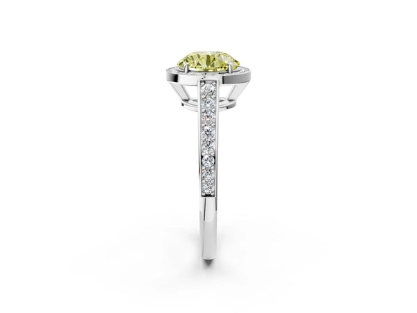 White gold Fancy Yellow Round  Halo Pavé Diamond Engagement Ring with Bezel Setting