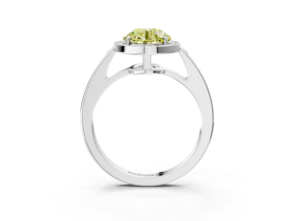 White gold Fancy Yellow Round  Halo Pavé Diamond Engagement Ring with Bezel Setting