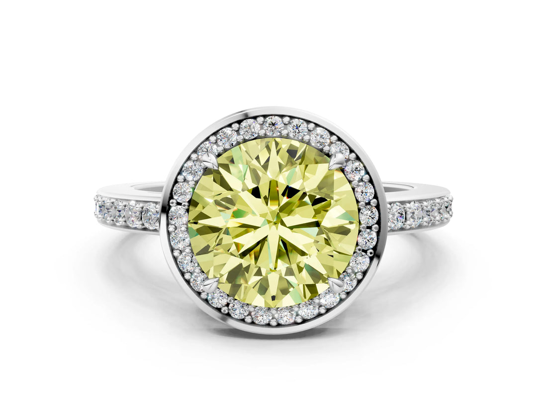 White gold Fancy Yellow Round  Halo Pave Band Solitaire Ring with Prong Setting_29