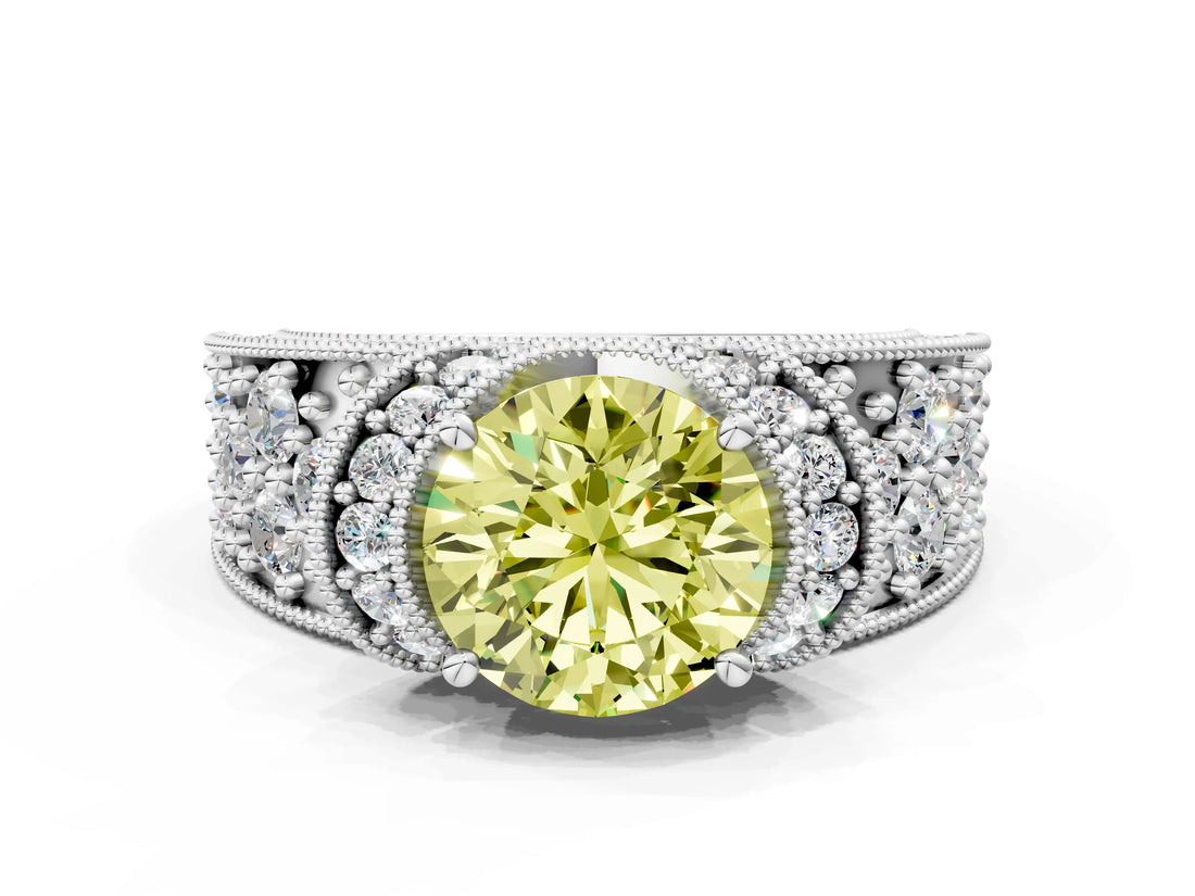 White gold Fancy Yellow Round  Halo Pave Diamond Engagement Ring with Milgrain Detailing_50