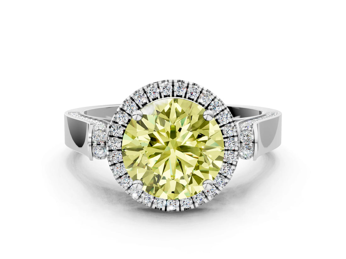 White gold Fancy Yellow Round  Halo Pave Split Shank Prong Setting Ring_26