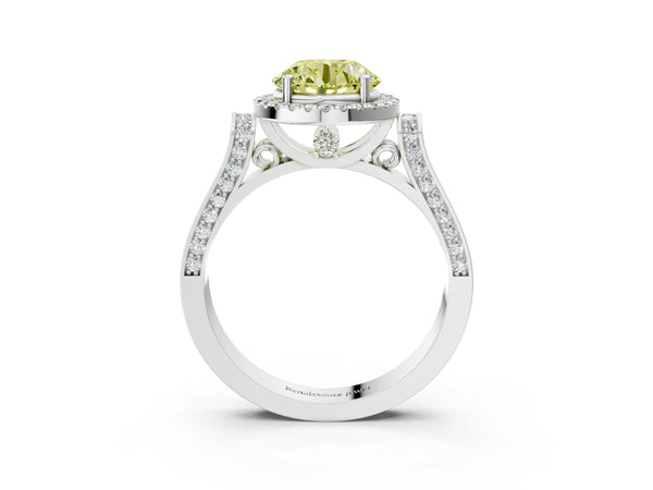 White gold Fancy Yellow Round  Halo Pave Split Shank Prong Setting Ring