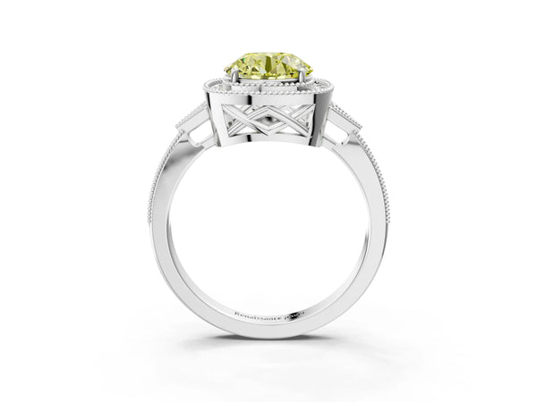 White gold Fancy Yellow Round  Halo Round Diamond Milgrain Pave Engagement Ring