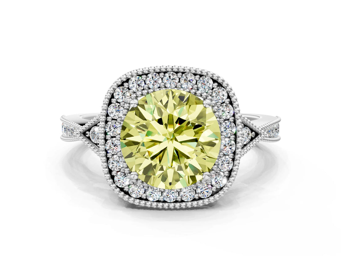 White gold Fancy Yellow Round  Halo Round Diamond Milgrain Pave Engagement Ring_15
