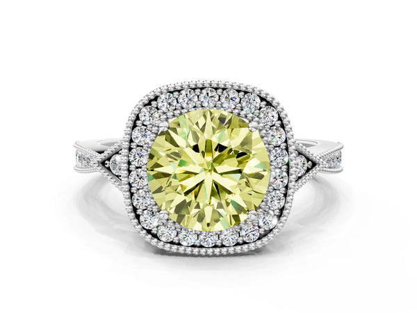 White gold Fancy Yellow Round  Halo Round Diamond Milgrain Pave Engagement Ring