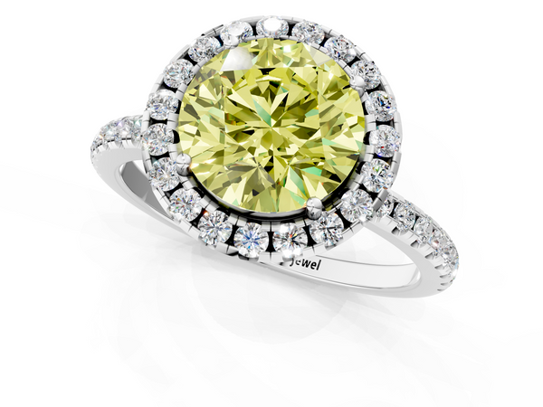 White gold Fancy Yellow Round  Halo Round Diamond Pavé Band Four-Prong Ring