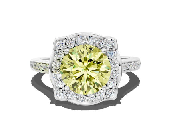 Platinum Fancy Yellow Round  Halo Round Diamond Pave Band with Four-Prong Setting