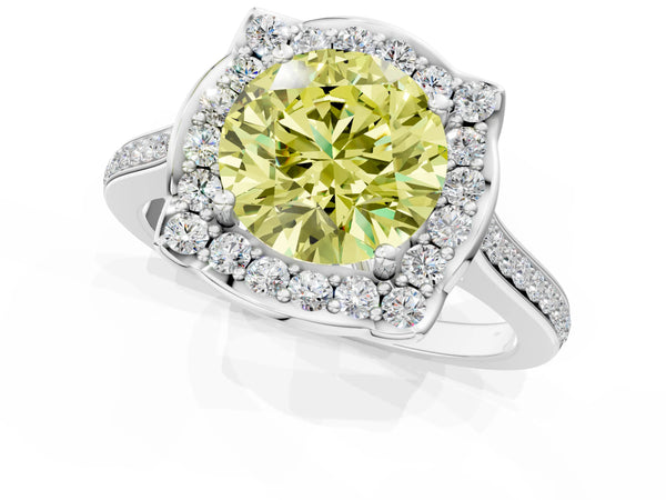 Platinum Fancy Yellow Round  Halo Round Diamond Pave Band with Four-Prong Setting