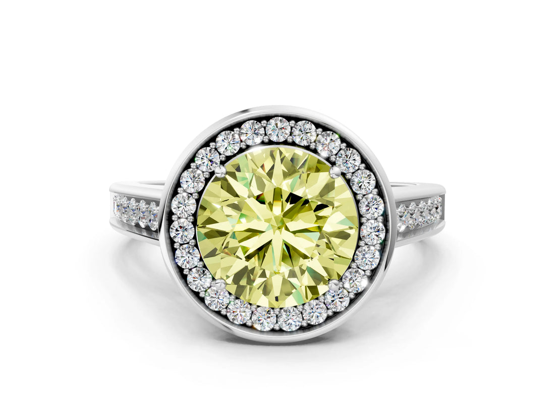White gold Fancy Yellow Round  Halo Solitaire Diamond Ring with Pave Band and Bezel Setting_29