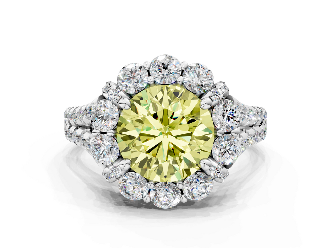 White gold Fancy Yellow Round  Halo Split Shank Diamond Engagement Ring with Pave Band and Four-Prong Setting