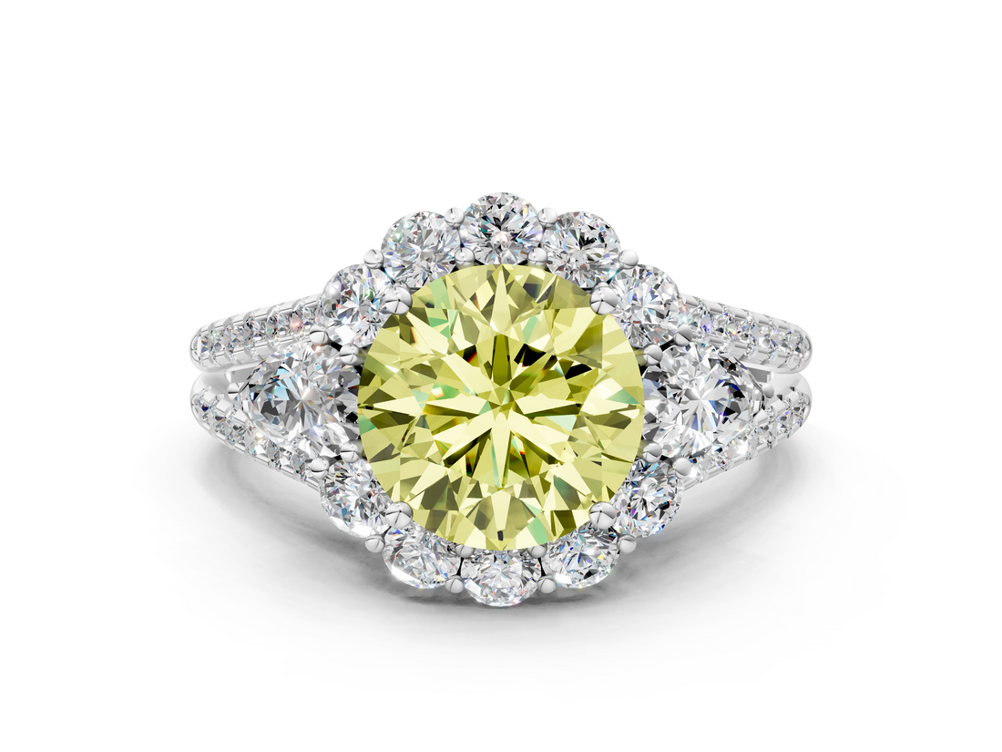 White gold Fancy Yellow Round  Halo Split Shank Diamond Engagement Ring with Prong Setting