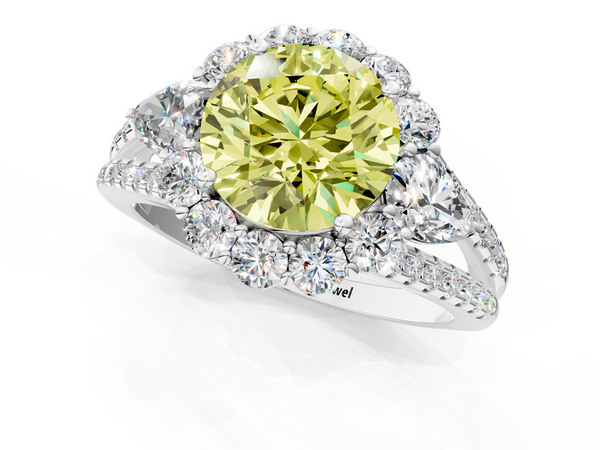 Platinum Fancy Yellow Round  Halo Split Shank Diamond Engagement Ring with Prong Setting