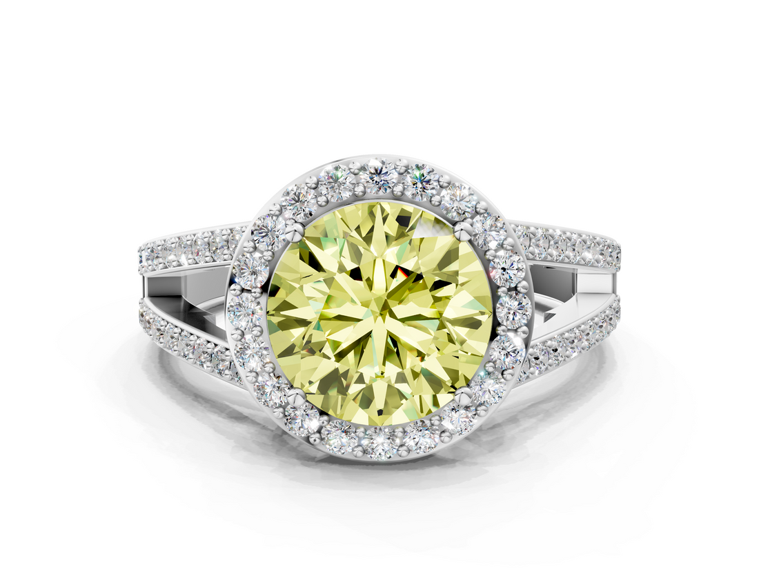 White gold Fancy Yellow Round  Halo Split Shank Diamond Ring with Four-Prong Setting