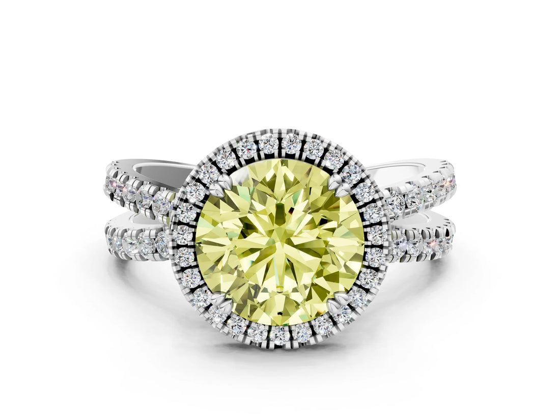 White gold Fancy Yellow Round  Halo Split Shank Diamond Ring with Pavé Setting_26