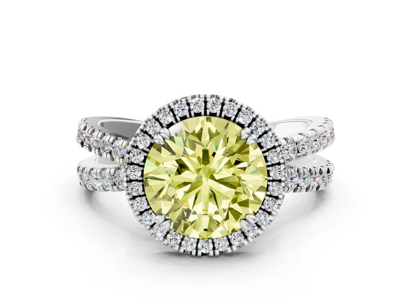 White gold Fancy Yellow Round  Halo Split Shank Diamond Ring with Pavé Setting