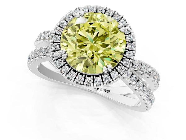 White gold Fancy Yellow Round  Halo Split Shank Diamond Ring with Pavé Setting