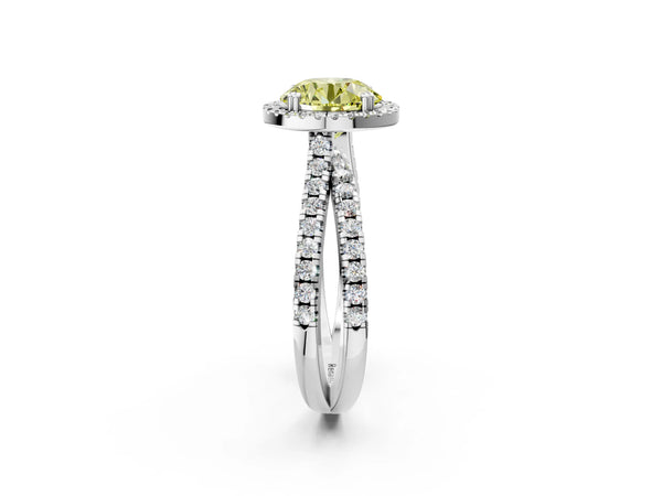 White gold Fancy Yellow Round  Halo Split Shank Diamond Ring with Pavé Setting