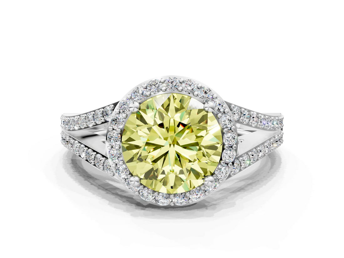 White gold Fancy Yellow Round  Halo Split Shank Diamond Ring with Prong Setting