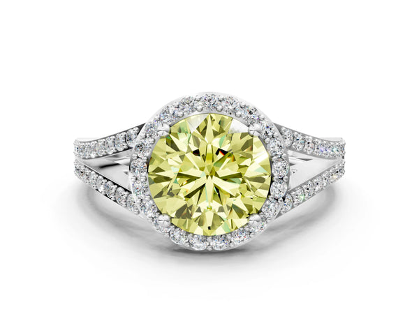Platinum Fancy Yellow Round  Halo Split Shank Pave Diamond Ring with Four-Prong Setting