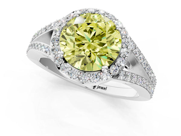 Platinum Fancy Yellow Round  Halo Split Shank Pave Diamond Ring with Four-Prong Setting