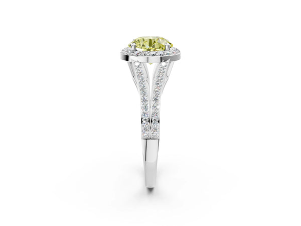 Platinum Fancy Yellow Round  Halo Split Shank Pave Diamond Ring with Four-Prong Setting