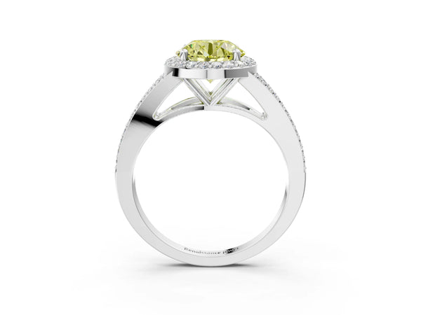 Platinum Fancy Yellow Round  Halo Split Shank Pave Diamond Ring with Four-Prong Setting