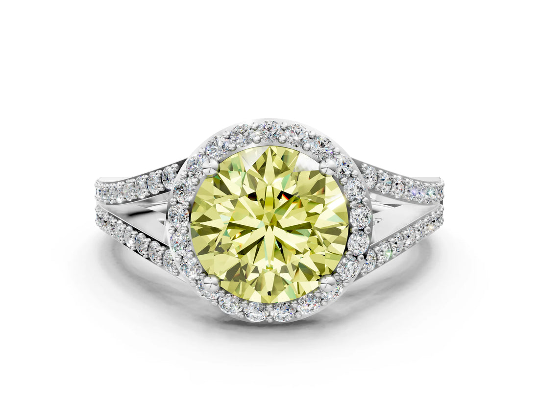 White gold Fancy Yellow Round  Halo Split Shank Pave Diamond Ring with Four-Prong Setting_34