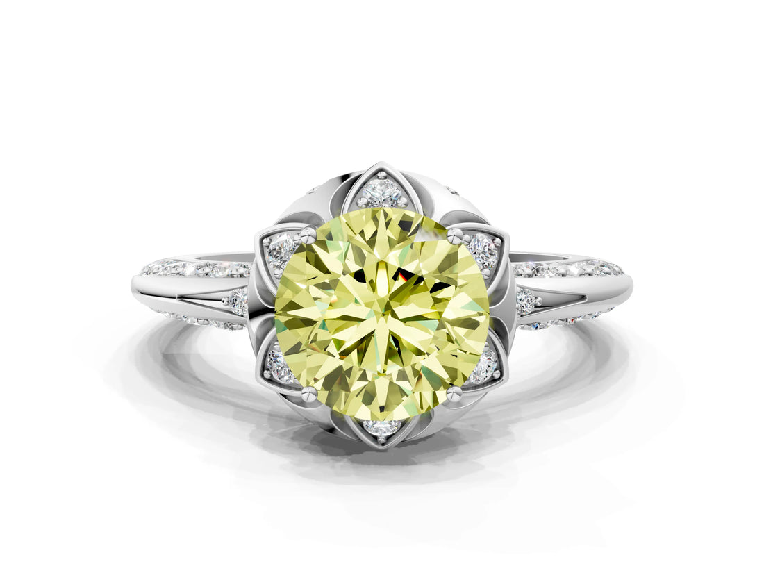 White gold Fancy Yellow Round  Halo Split Shank Pave Diamond Ring with Petal Prong Setting_32