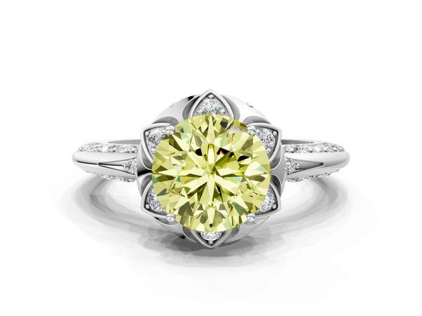 White gold Fancy Yellow Round  Halo Split Shank Pave Diamond Ring with Petal Prong Setting