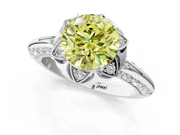 White gold Fancy Yellow Round  Halo Split Shank Pave Diamond Ring with Petal Prong Setting