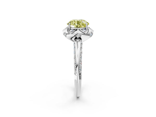 White gold Fancy Yellow Round  Halo Split Shank Pave Diamond Ring with Petal Prong Setting