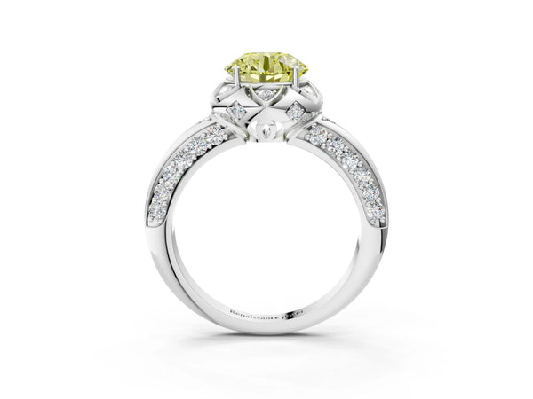 White gold Fancy Yellow Round  Halo Split Shank Pave Diamond Ring with Petal Prong Setting