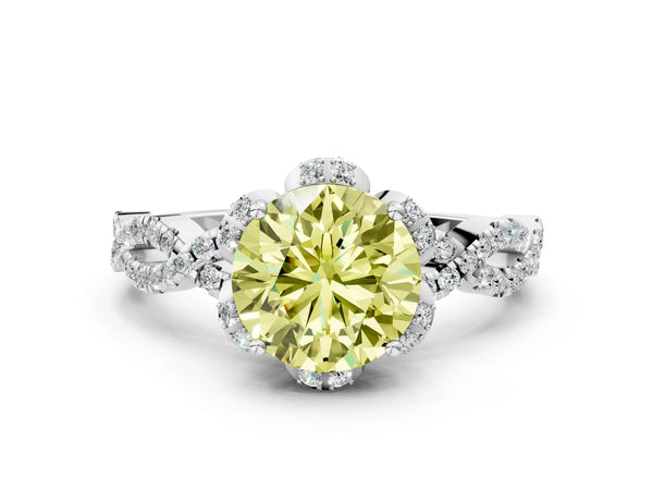 White gold Fancy Yellow Round  Halo Twist Band Solitaire Ring with Six-Prong Setting