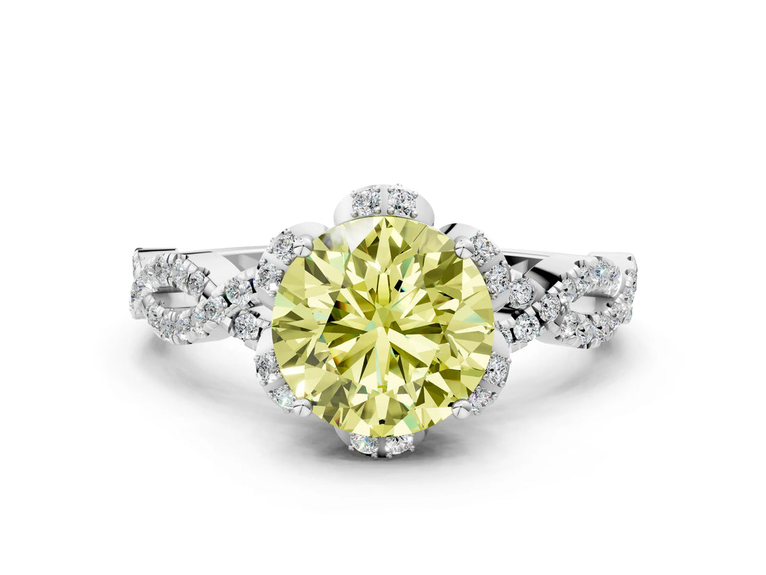 White gold Fancy Yellow Round  Halo Twist Band Solitaire Ring with Six-Prong Setting_3