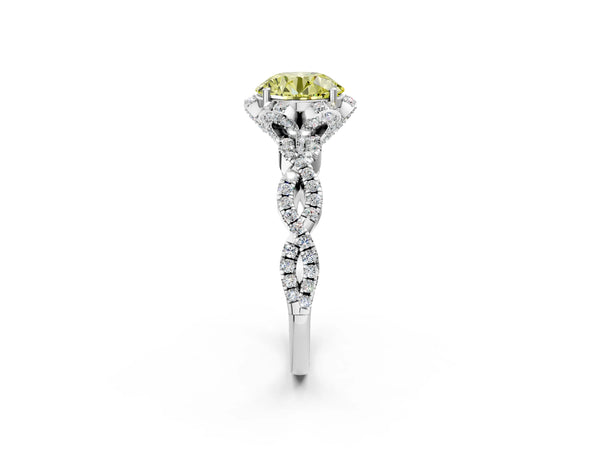 White gold Fancy Yellow Round  Halo Twist Band Solitaire Ring with Six-Prong Setting