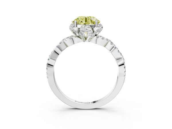 White gold Fancy Yellow Round  Halo Twist Band Solitaire Ring with Six-Prong Setting
