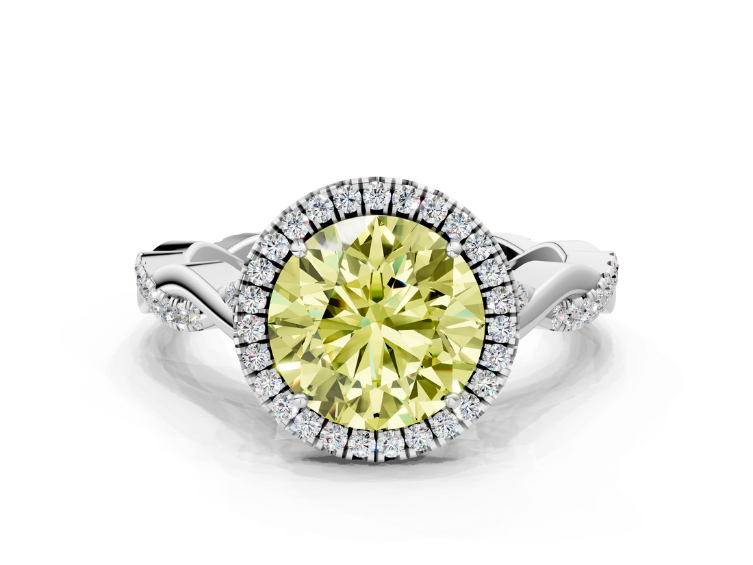 White gold Fancy Yellow Round  Halo Twist Band Solitaire Ring