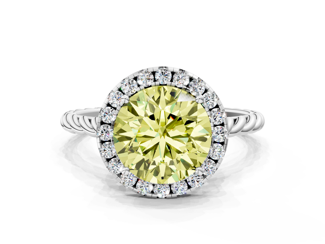 White gold Fancy Yellow Round  Halo Twisted Band Four-Prong Diamond Ring