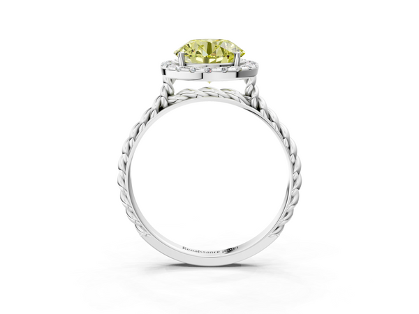 Platinum Fancy Yellow Round  Halo Twisted Band Four-Prong Diamond Ring