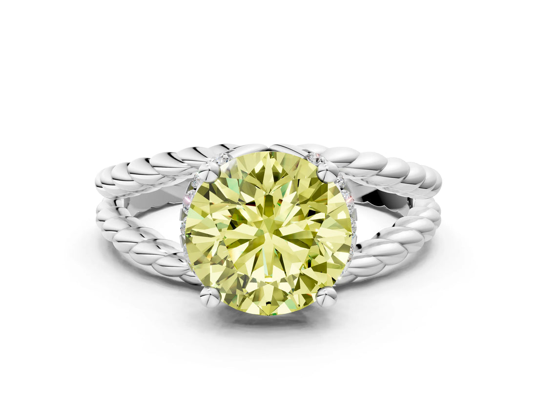 White gold Fancy Yellow Round  Halo Twisted Band Four-Prong Ring_32