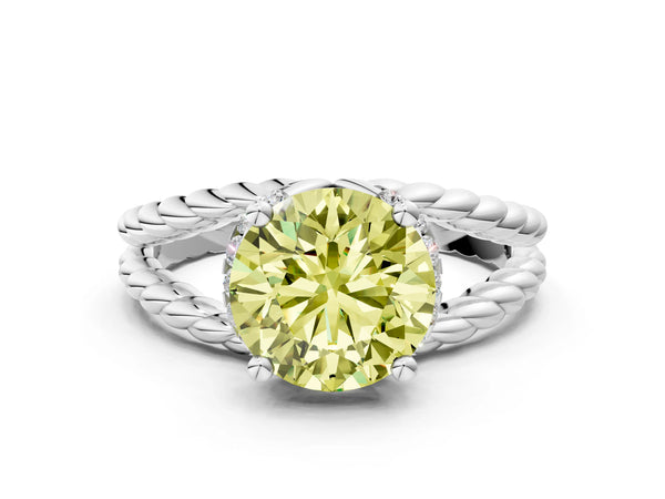 Platinum Fancy Yellow Round  Halo Twisted Band Four-Prong Ring