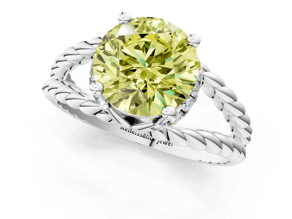 Platinum Fancy Yellow Round  Halo Twisted Band Four-Prong Ring