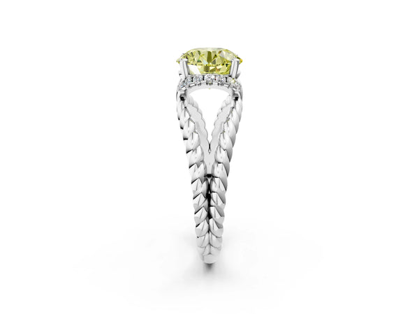 Platinum Fancy Yellow Round  Halo Twisted Band Four-Prong Ring