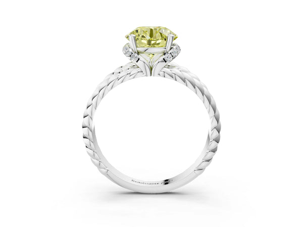 Platinum Fancy Yellow Round  Halo Twisted Band Four-Prong Ring