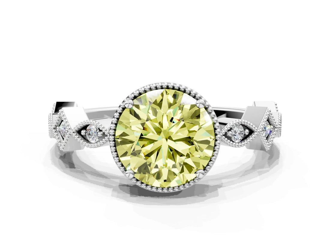 White gold Fancy Yellow Round  Milgrain Marquise Diamond Twist Band Ring_74